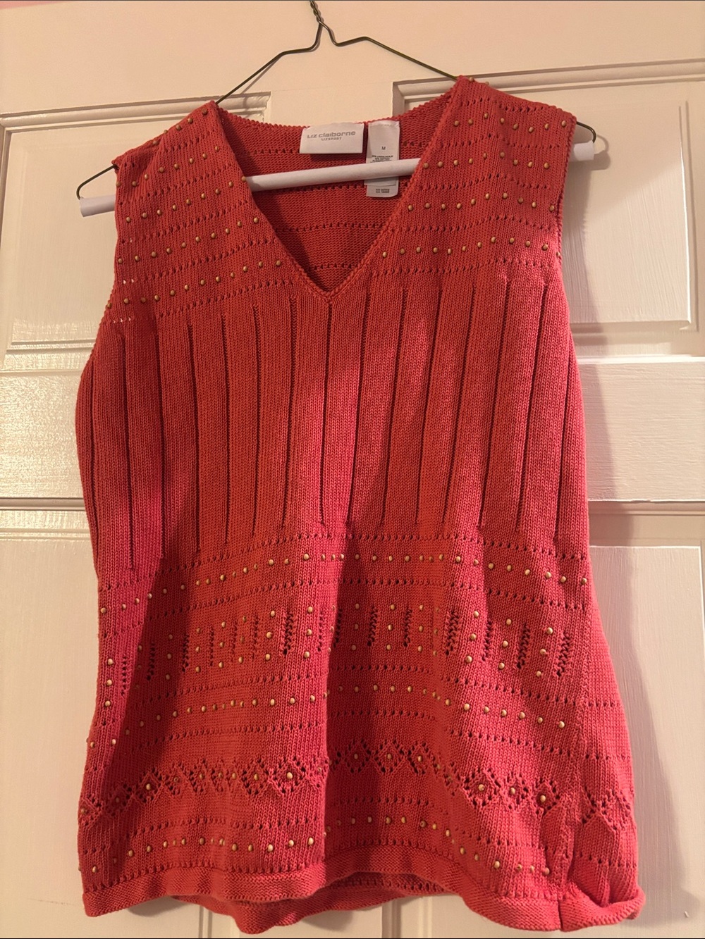 Liz Claiborne Coral Knit V-Neck Tank with Gold Studs